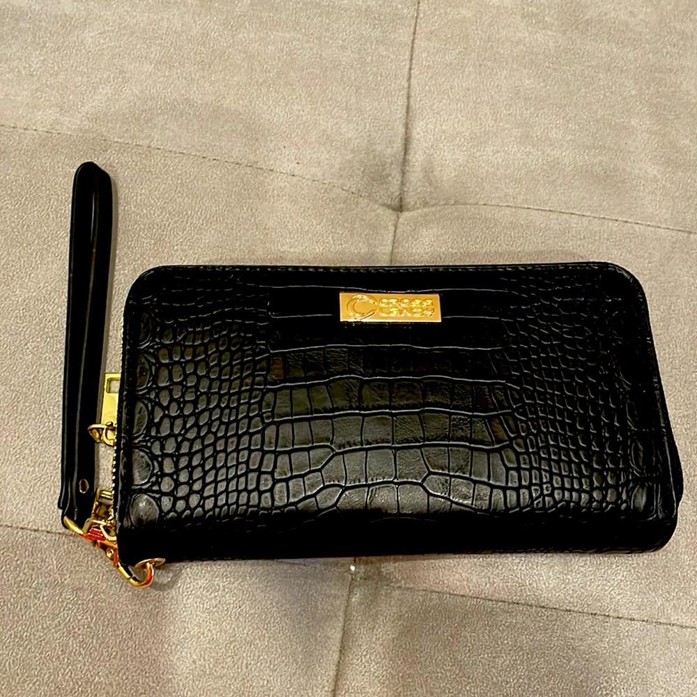 Large black wristlet with double zipper pockets